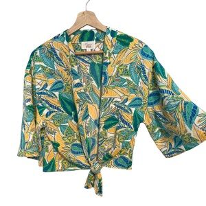Hippie Rose Tropical Leaf Print Tie Front Kimono Cardigan Top Size Small